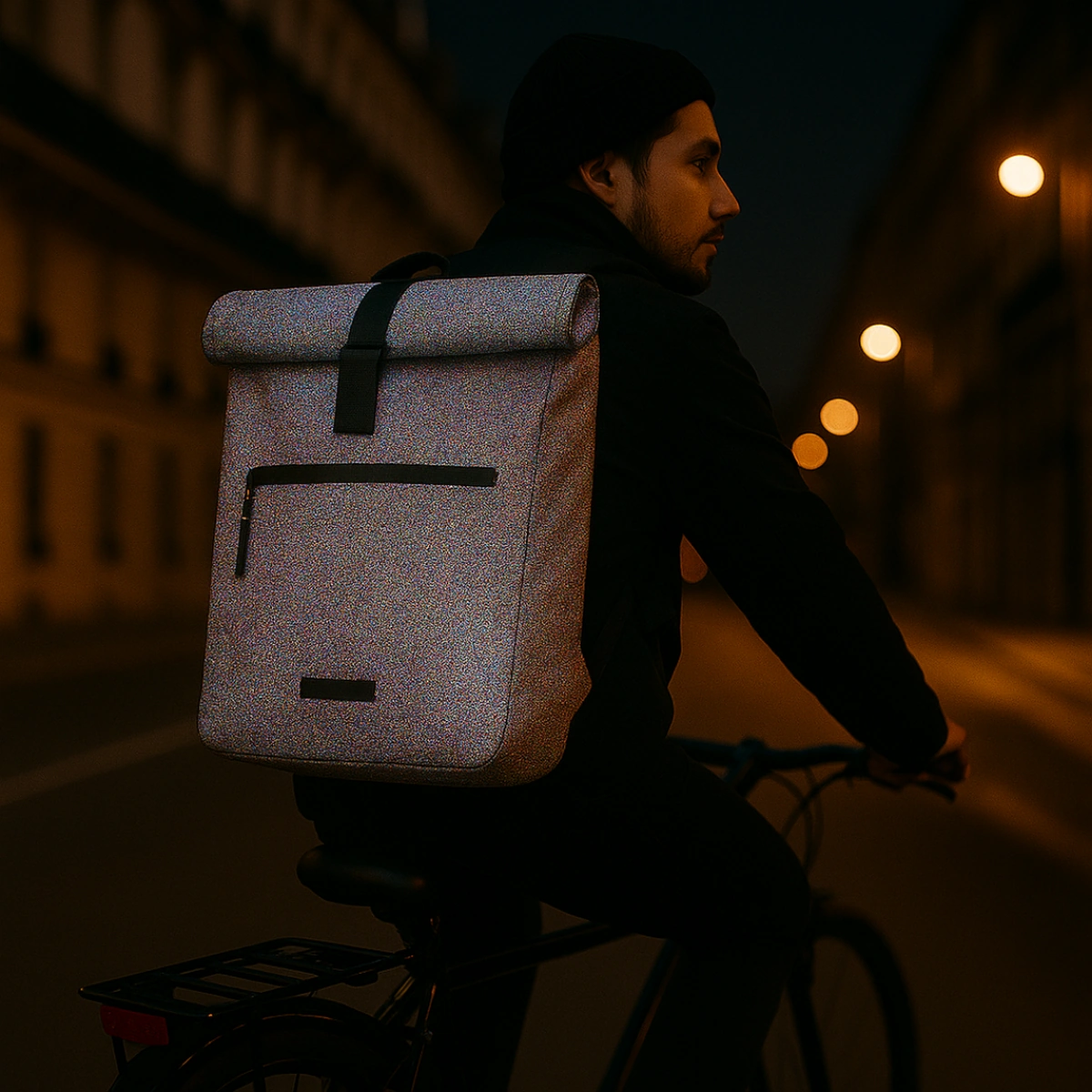 Sac à dos vélo Nyx réfléchissant, porté en milieu urbain nocturne, visibilité maximale et sécurité cycliste