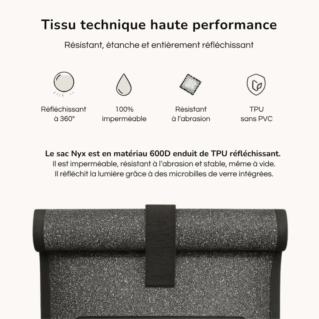 Gros plan du tissu technique 600D TPU du sac Nyx, imperméable et réfléchissant.