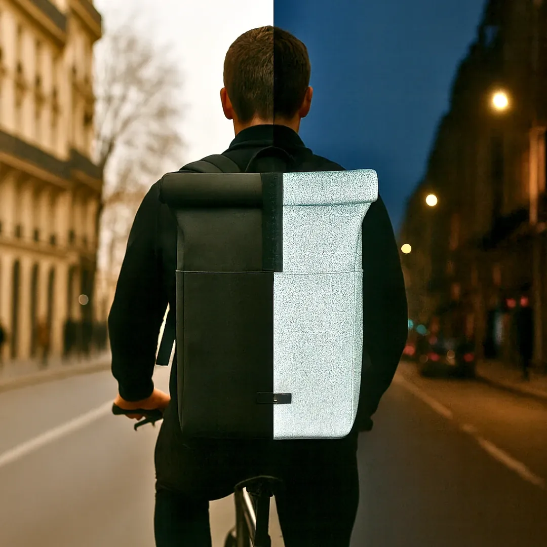 Sac à dos vélo Nyx réfléchissant Badawin, noir mat le jour, visible la nuit