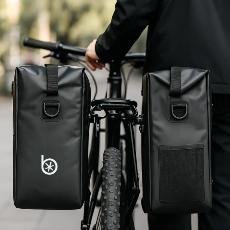 Double sacoche vélo Badawin noire installée sur porte-bagages arrière