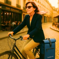Femme se déplaçant à vélo en ville avec sac vélo Badawin