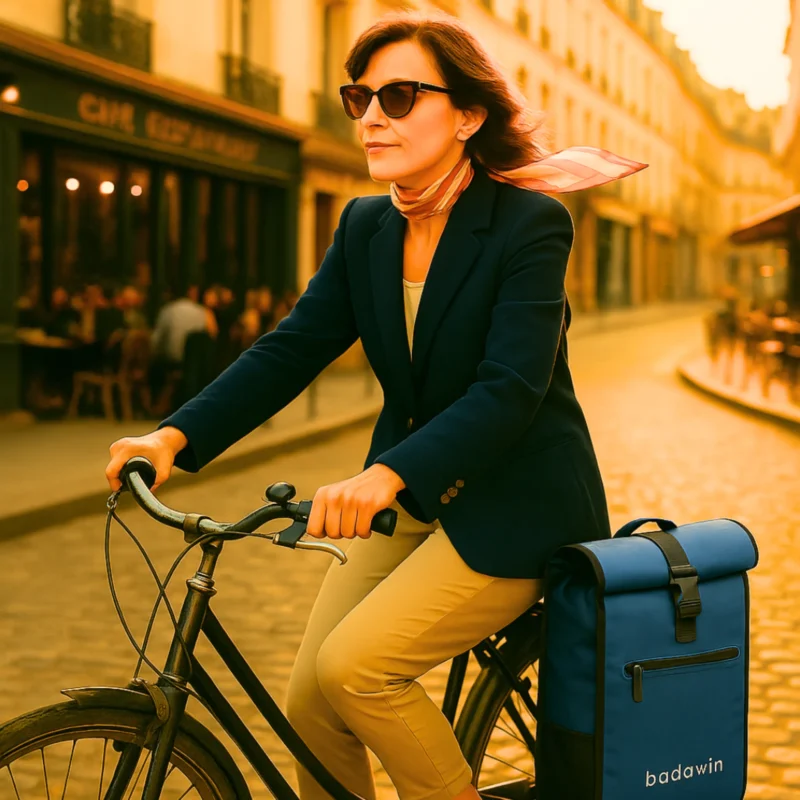 Femme se déplaçant à vélo en ville avec sac vélo Badawin
