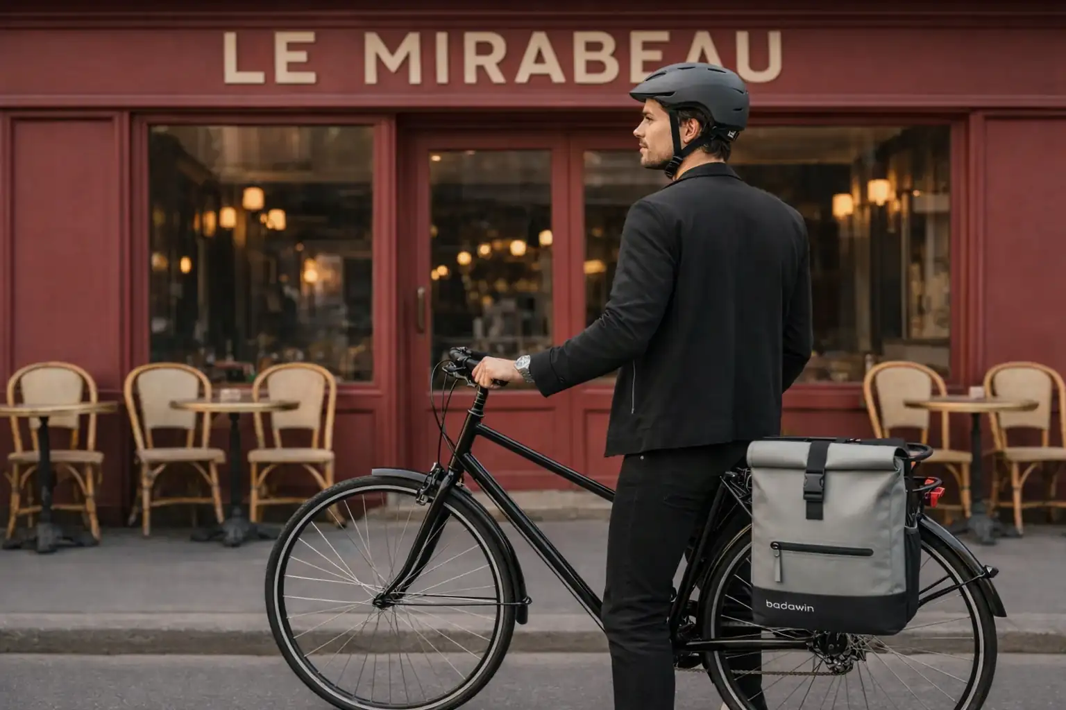 Homme à vélo devant le café Le Mirabeau avec une sacoche vélo grise Badawin fixée au porte-bagages