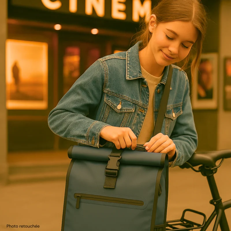 Cycliste avec sac vélo Badawin bleu devant le théâtre en ville