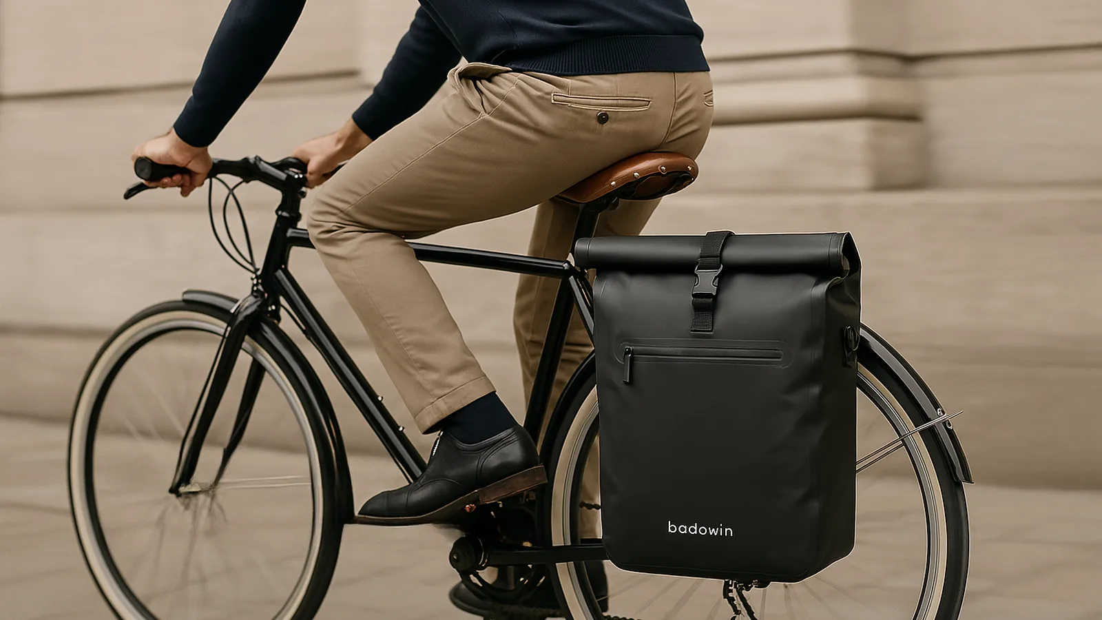 Sac vélo Badawin installé sur un porte-bagages arrière
