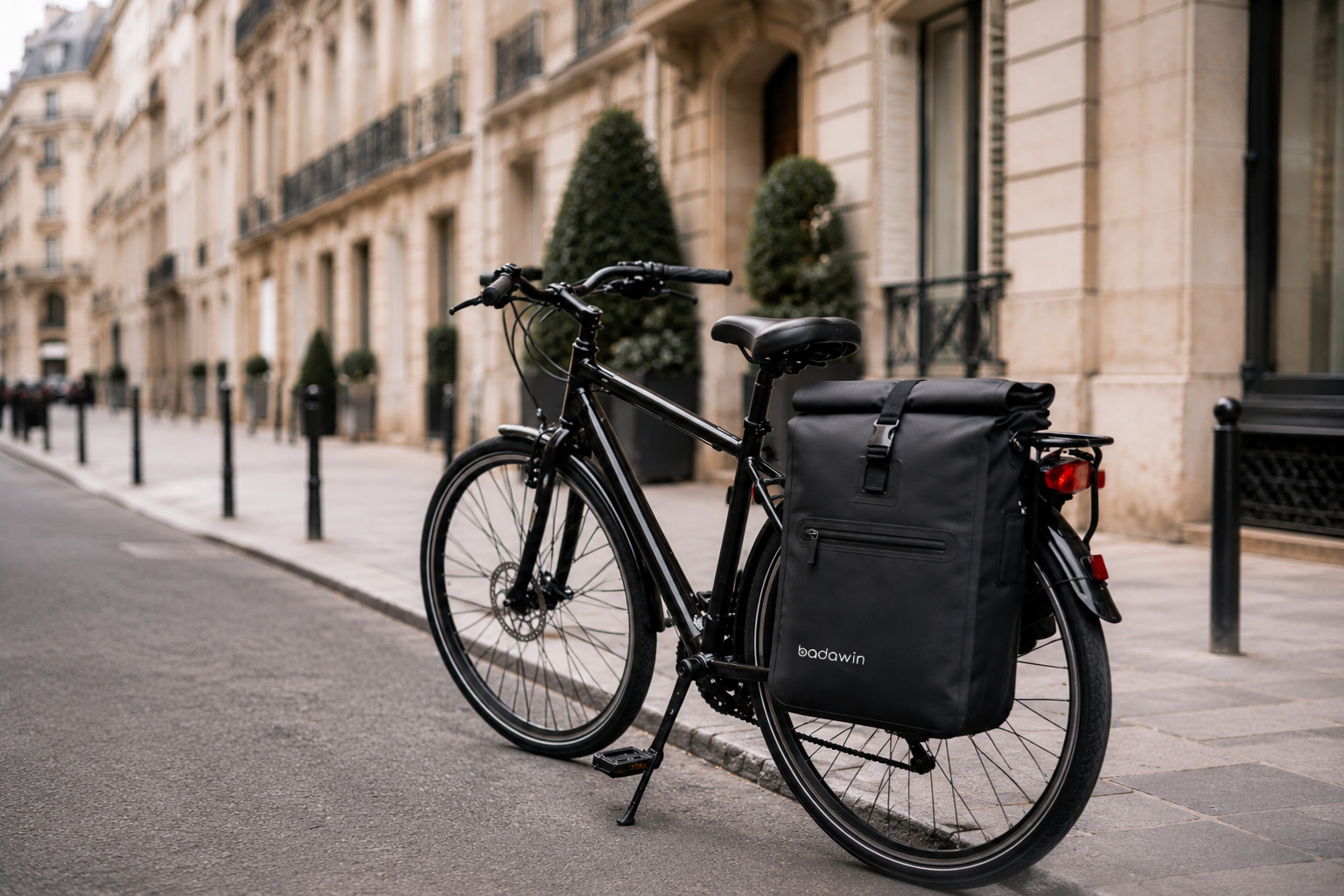 Sac à dos vélo Badawin fixé sur un porte-bagages arrière avec crochets visibles