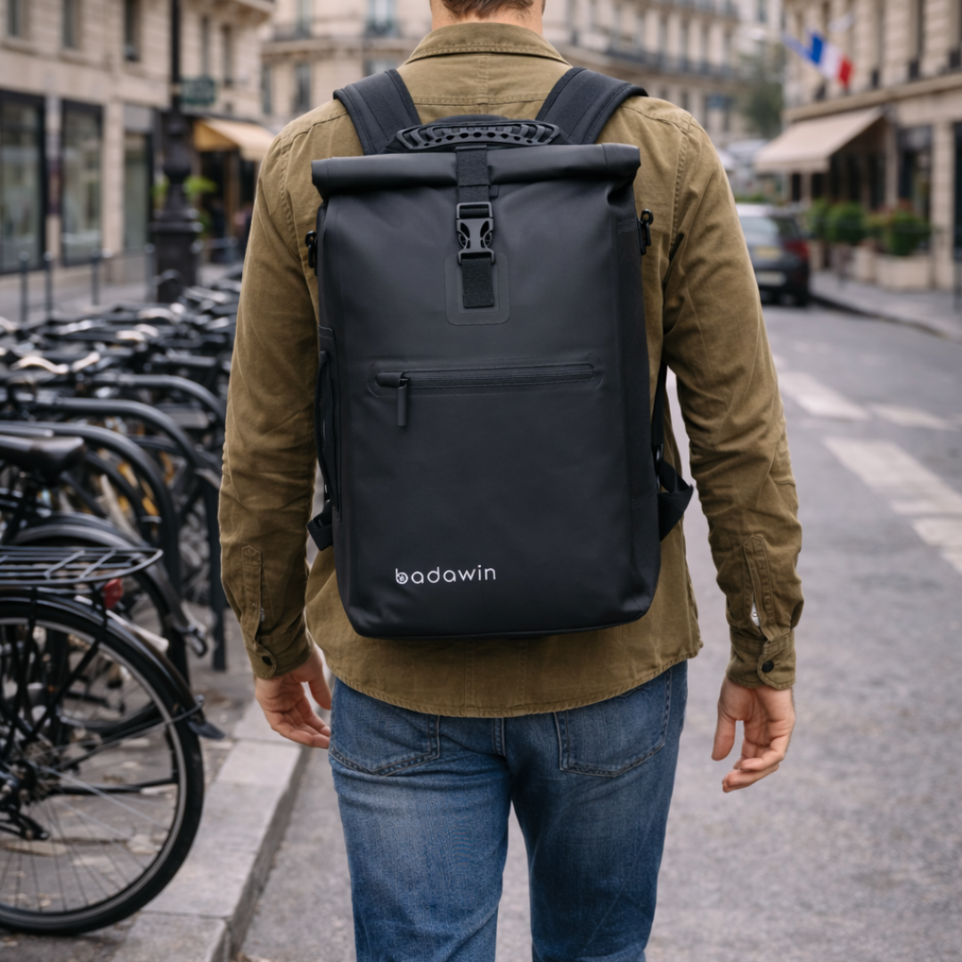 Sac à dos vélo imperméable Badawin utilisé en ville pour les trajets vélotaf