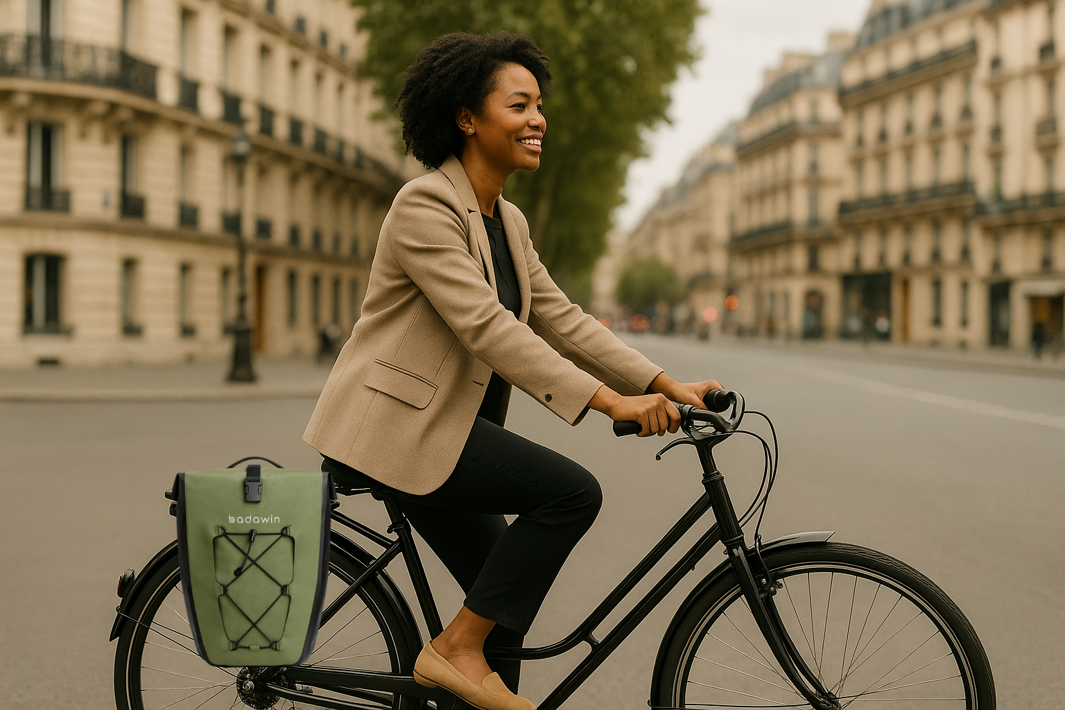 Sacoche vélo imperméable Badawin installée sur porte-bagages