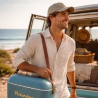 Homme portant la glacière Polarbox Marine 20L en bandoulière sur la plage
