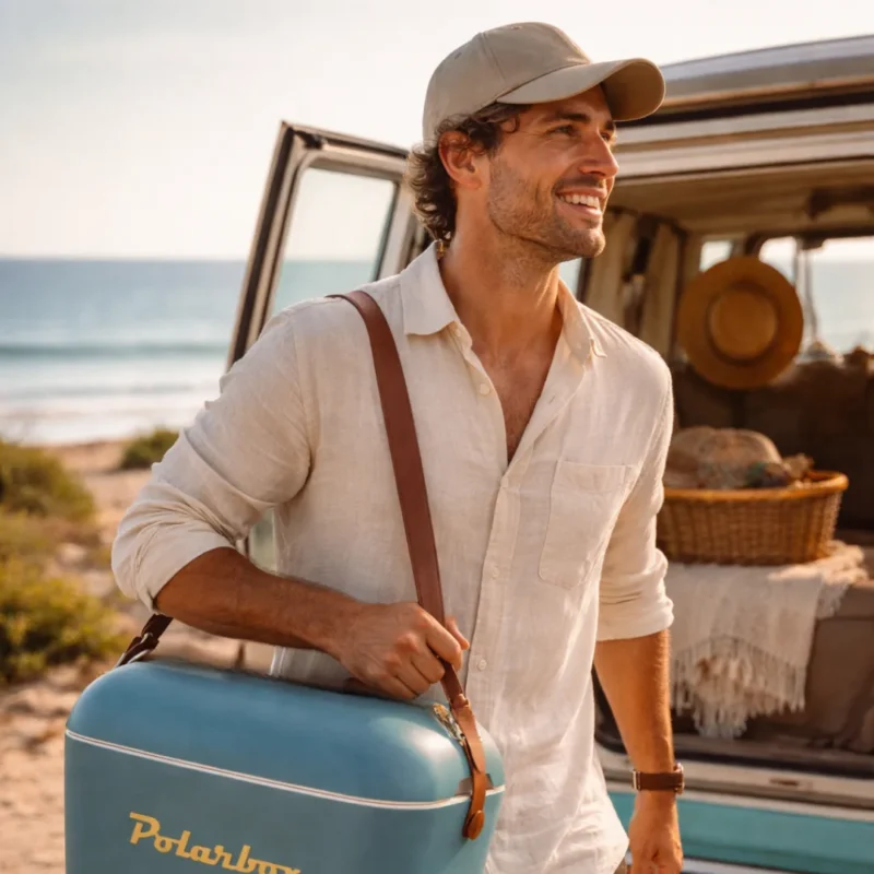Homme portant la glacière Polarbox Marine 20L en bandoulière sur la plage