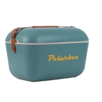 Glacière Polarbox Marine 20L avec bandoulière marron, vue de trois quarts