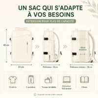 Infographie du sac à dos de voyage blanc cassé avec capacité extensible de 26 à 39 litres