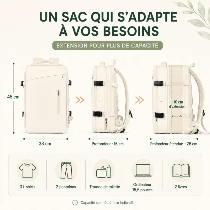 Infographie du sac à dos de voyage blanc cassé avec capacité extensible de 26 à 39 litres