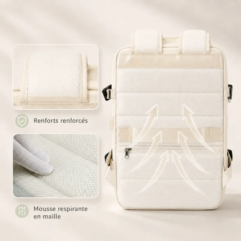 Dos respirant du sac à dos de voyage blanc cassé avec mousse en maille et renforts