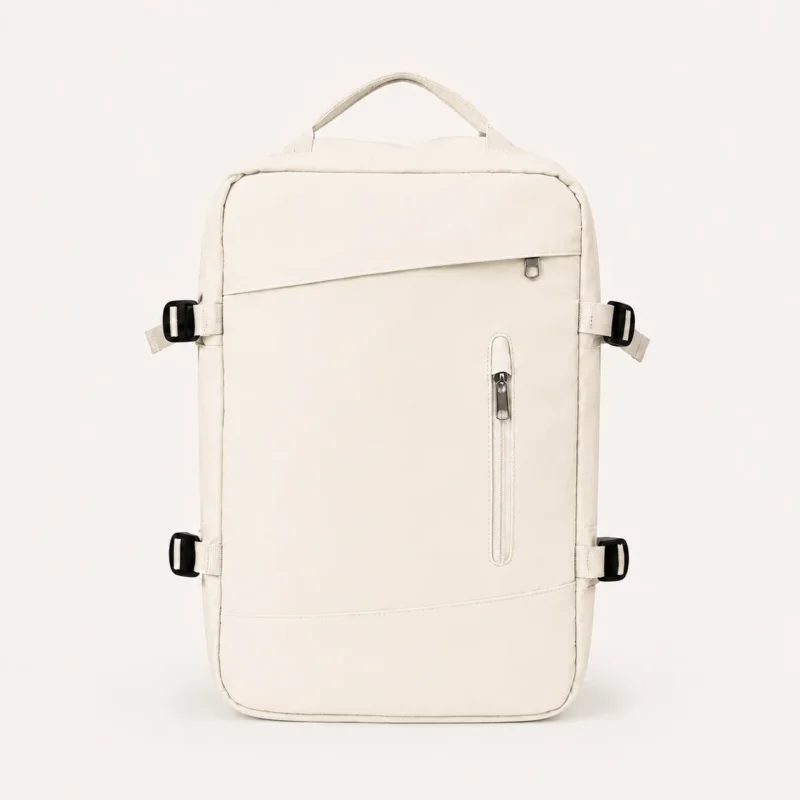 Sac à dos de voyage blanc cassé vu de face sur fond clair