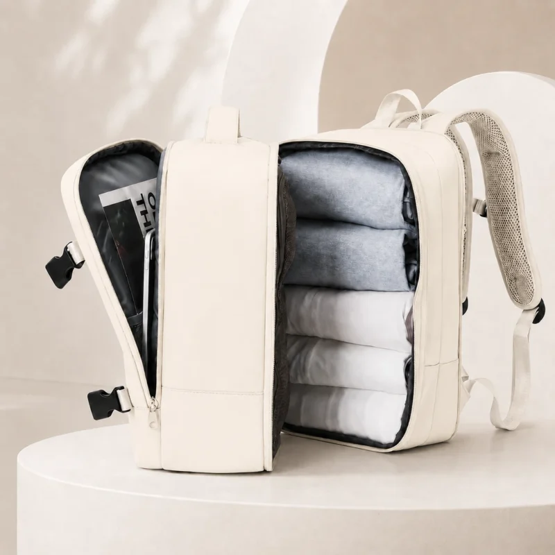 Sac à dos de voyage blanc cassé ouvert comme une valise avec vêtements rangés