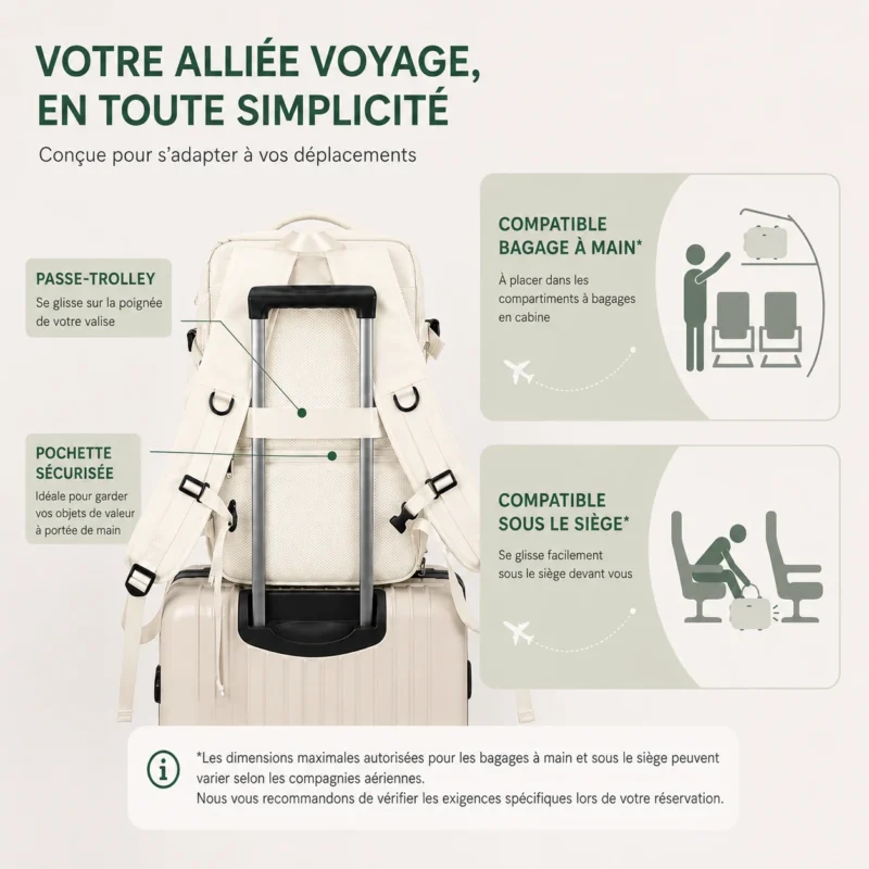 Sac à dos de voyage blanc cassé avec passant trolley sur valise cabine