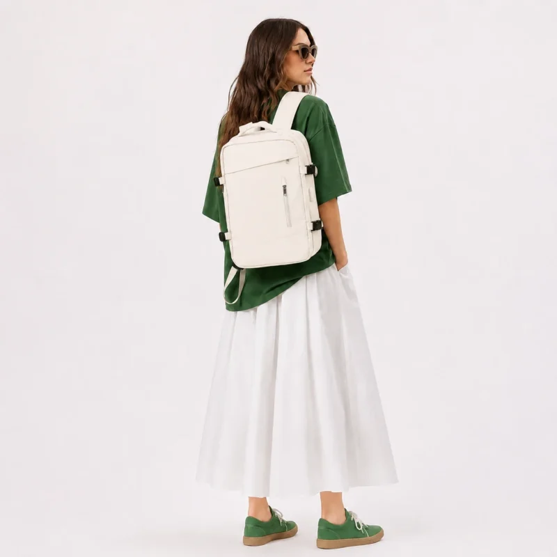 Sac à dos de voyage blanc cassé porté sur le dos avec bretelles rembourrées