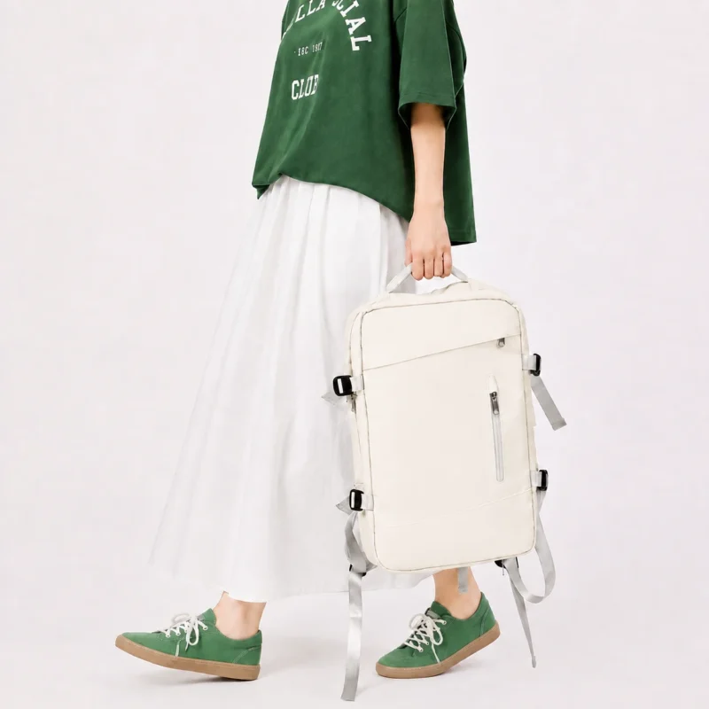 Sac à dos de voyage blanc cassé porté à la main avec tenue décontractée