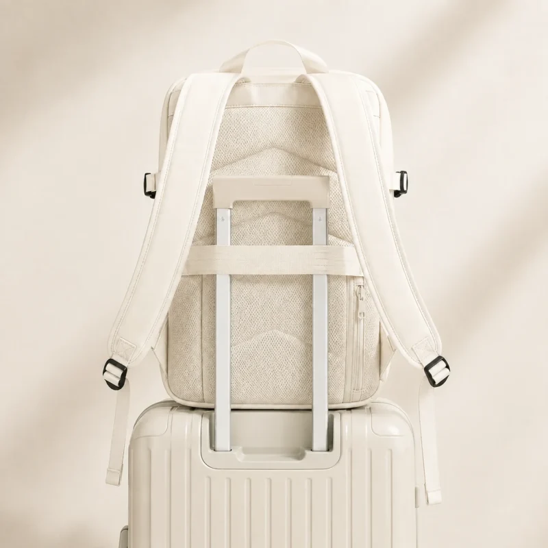 Sac à dos de voyage blanc cassé avec rangements intérieurs pour vêtements et accessoires
