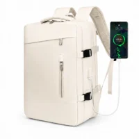Sac à dos de voyage blanc cassé avec port USB externe et smartphone en charge