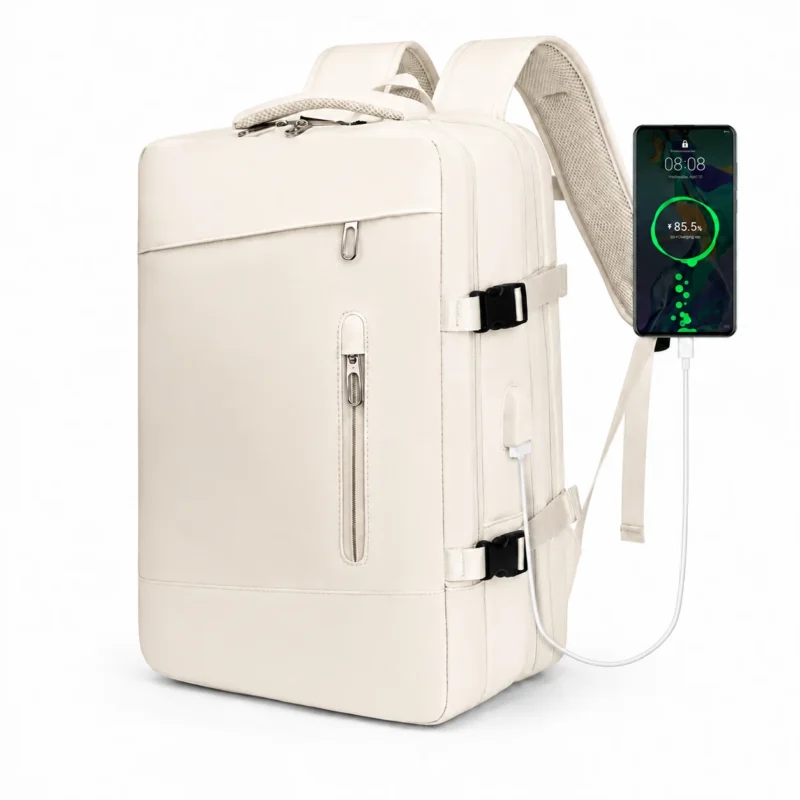 Sac à dos de voyage blanc cassé avec port USB externe et smartphone en charge