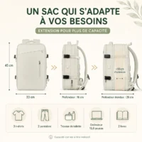 Infographie du sac à dos de voyage extensible avec capacité ajustable de 26 à 39 litres