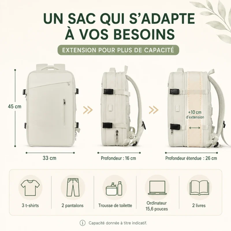 Infographie du sac à dos de voyage extensible avec capacité ajustable de 26 à 39 litres
