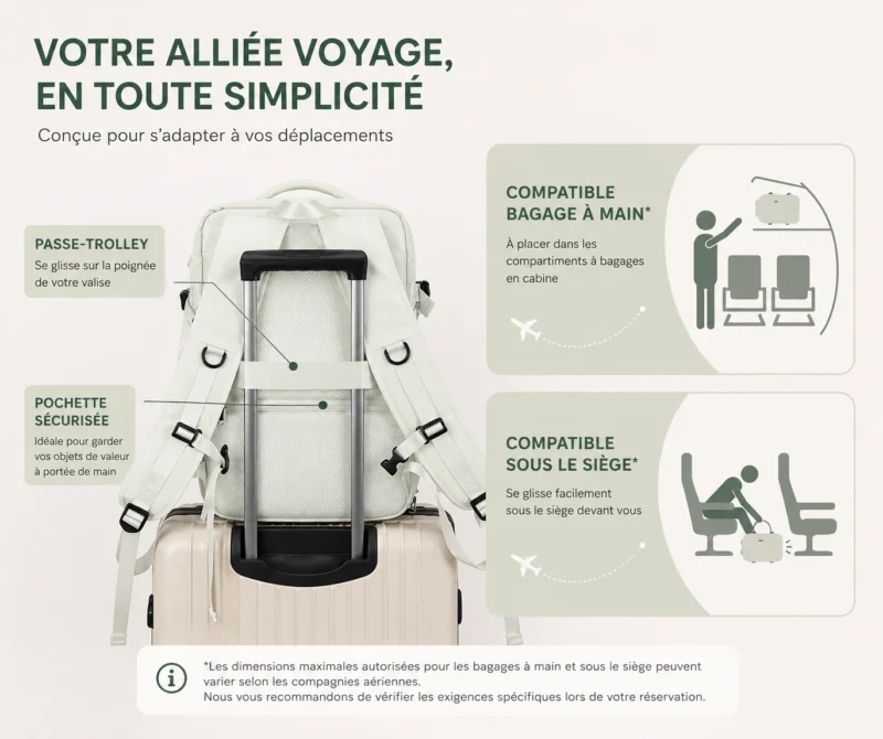 Sac à dos de voyage avec passant trolley fixé sur une valise cabine