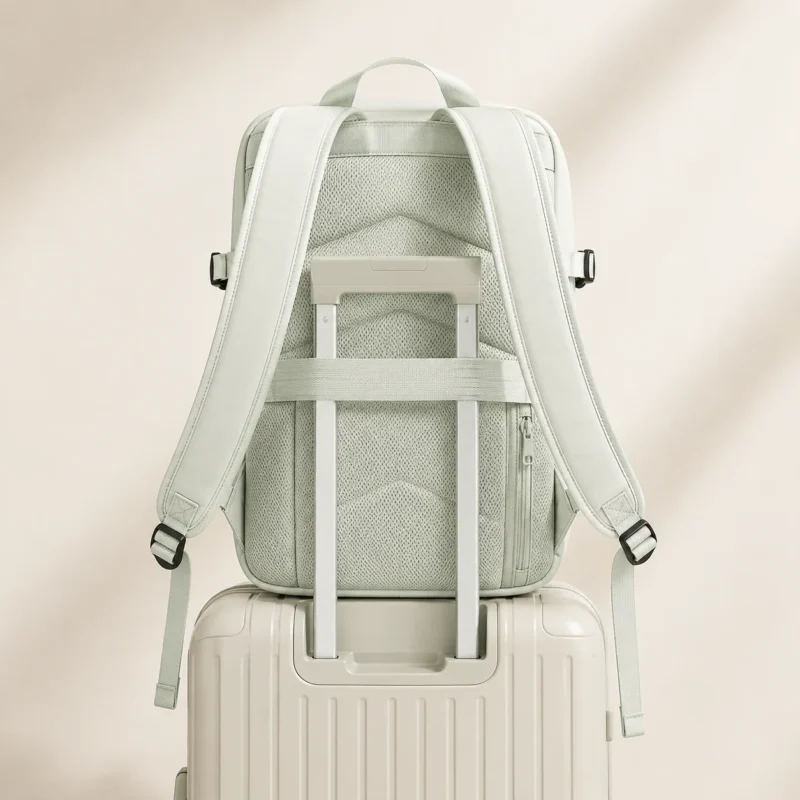 Vue arrière du sac à dos de voyage avec dos respirant, bretelles rembourrées et passant pour valise