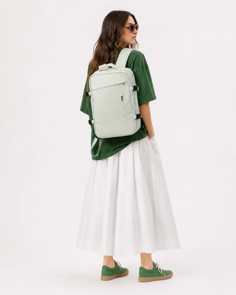 Sac à dos de voyage extensible vert clair porté sur le dos avec bretelles rembourrées