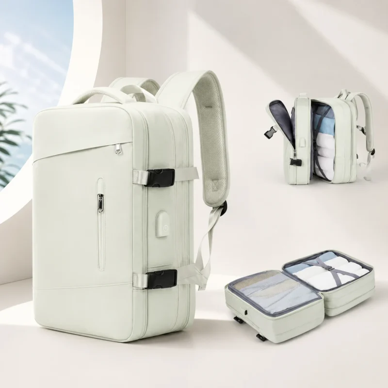 Sac à dos de voyage extensible ouvert avec rangements intérieurs pour vêtements et accessoires