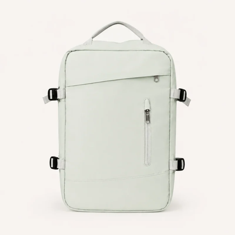 Sac à dos de voyage extensible vert clair vu de face sur fond clair