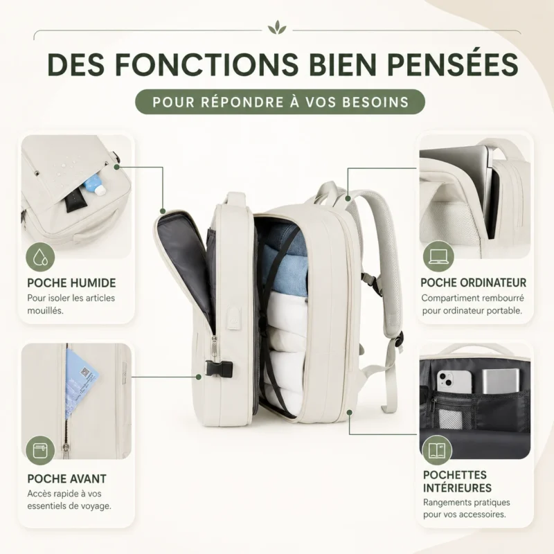 Infographie des fonctionnalités du sac à dos de voyage avec poches pratiques et compartiment ordinateur