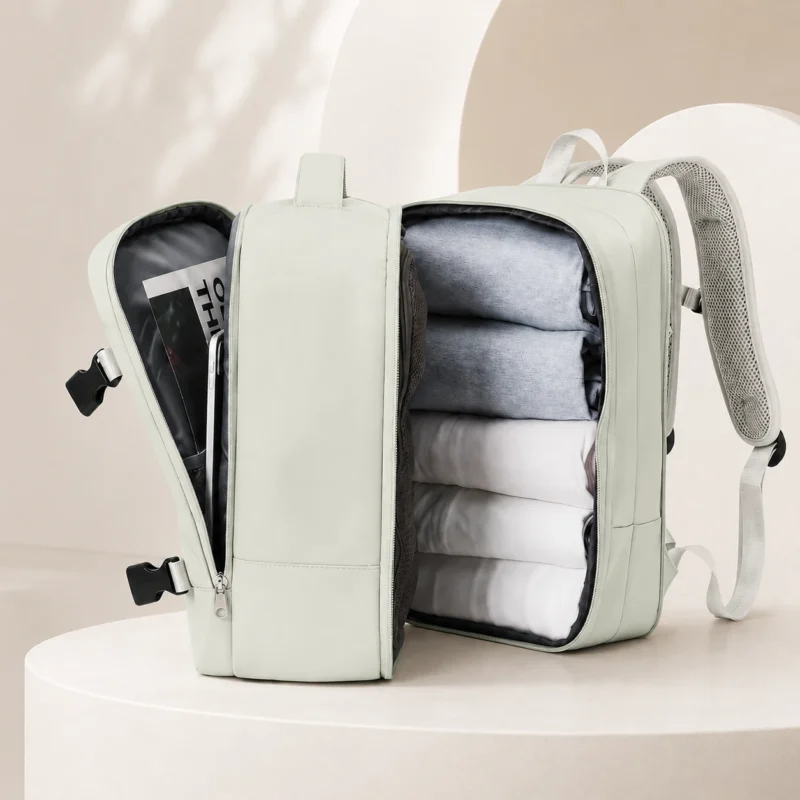 Sac à dos de voyage ouvert comme une valise avec vêtements rangés à l’intérieur